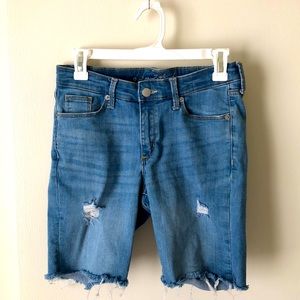 Distressed Blue Jean Cropped Shorts